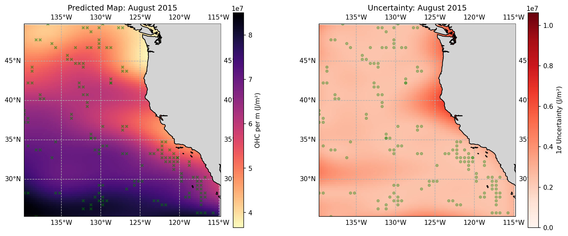 GPR-interpolated OHC field for the 0–100m skin layer, California CCS 2015